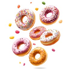 a group of donuts with sprinkles falling