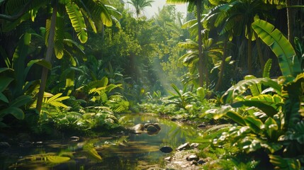Fototapeta premium Serene jungle scene with a clear stream surrounded by dense greenery, sunlight streaming through the foliage, and a tranquil rainforest atmosphere. 