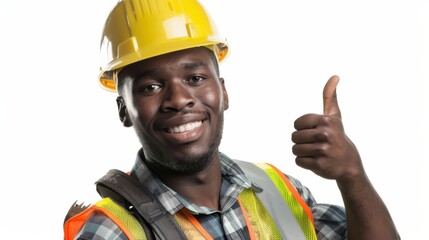 A professional yet approachable construction worker wearing a bright yellow helmet and reflective vest, smiling with a thumbs-up gesture on a white background