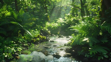 Serene jungle scene with a clear stream surrounded by dense greenery, sunlight streaming through the foliage, and a tranquil rainforest atmosphere.	