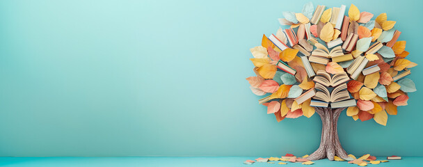 Education, knowledge and skill learning with literature, world book day, books growing on a tree, reading a story