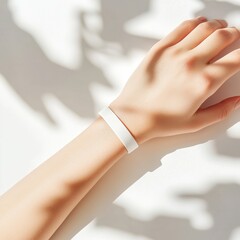 Blank paper wristband mockup. A close-up of a hand wearing a simple white bracelet, highlighted by soft shadows and warm sunlight.