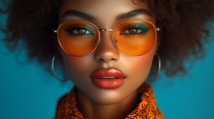 Obraz premium Stylish Woman with Orange Glasses and Curly Hair