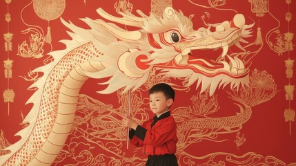 A young boy in traditional attire stands proudly in front of a vibrant red dragon mural, symbolizing strength and cultural heritage.
