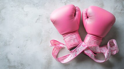 A pair of pink boxing gloves and hand wraps.
