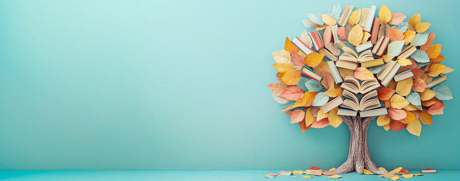 Education, knowledge and skill learning with literature, world book day, books growing on a tree, reading a story