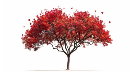 A radiant red tree with charming heart-shaped leaves, its vibrant presence embodying love and nature elegance, set against a clean white background