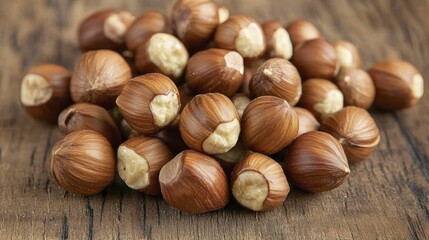 Fototapeta premium Abundance of Hazelnuts on Wooden Surface, Natural Background for Food and Nutrition Concept