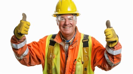 A relaxed construction worker in full safety gear, wearing a yellow hard hat and gloves, smiling warmly and giving a thumbs up, isolated on a white background