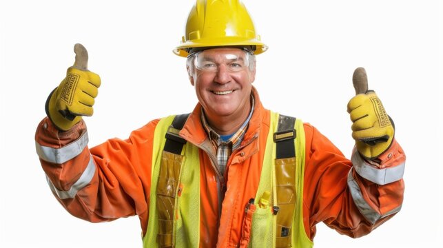 A relaxed construction worker in full safety gear, wearing a yellow hard hat and gloves, smiling warmly and giving a thumbs up, isolated on a white background