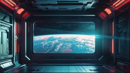 Obraz premium Futuristic spaceship interior with view of Earth from porthole.