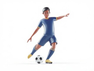 Obraz premium 3D human soccer player in a blue uniform kicking a ball on a white background