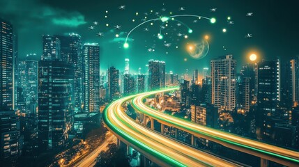 Fototapeta premium Smart city at night with futuristic highway and network.