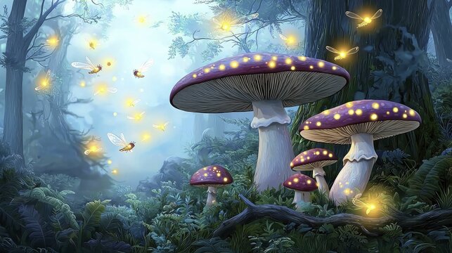 Enchanting Fairy Forest Illuminated by Magical Mushrooms and Fairy Lights