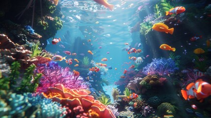 Fototapeta premium Vivid underwater coral reef scene with colorful tropical fish, vibrant marine life, and sun rays filtering through the clear blue ocean water.