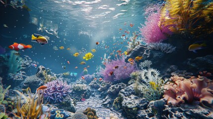 Vivid underwater coral reef scene with colorful tropical fish, vibrant marine life, and sun rays filtering through the clear blue ocean water.