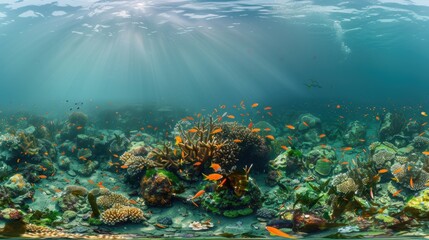 Fototapeta premium Vivid underwater coral reef scene with colorful tropical fish, vibrant marine life, and sun rays filtering through the clear blue ocean water.