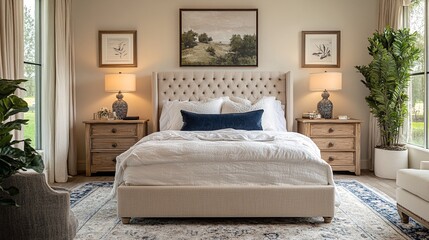the serene and inviting bedroom features a plush bed, crisp white linens, and natural light pouring in through the large window.