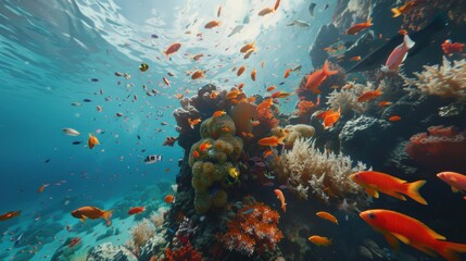 Vivid underwater coral reef scene with colorful tropical fish, vibrant marine life, and sun rays filtering through the clear blue ocean water.