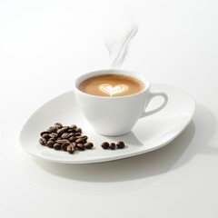 Obraz premium Warm coffee cup with latte art and coffee beans on a white plate in a cozy setting