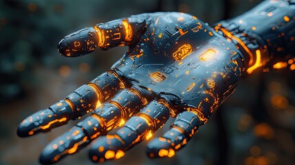 Fototapeta premium Android cyborg hand, engineering innovation for AI technology, science, futuristic bokeh background, blue machine, modern robotics wallpaper design