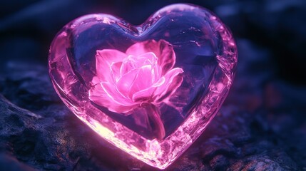 A heart-shaped crystal encasing a luminous pink rose, radiating a soft glow against a dark background.