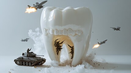 Tooth Under Siege: A surreal conceptual image depicting a giant tooth under attack by miniature military vehicles and fighter jets, symbolizing the battle against tooth decay and oral health issues.