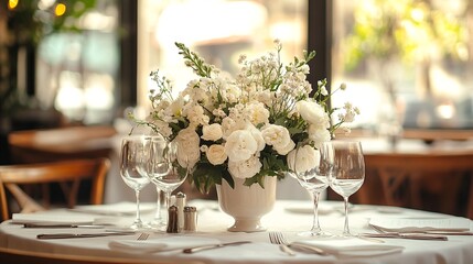 wedding reception table setting with white flowers and wine glasses.