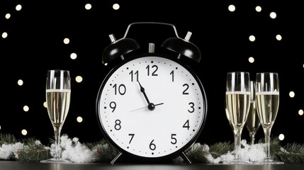 A stylish clock marks the time near champagne flutes, symbolizing celebration and New Year festivities against a sparkling backdrop.