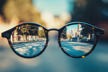 A vibrant image of round sunglasses reflecting a bustling street scene, showcasing a blend of urban life and stylish eyewear.