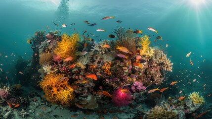 Obraz premium Vivid underwater coral reef scene with colorful tropical fish, vibrant marine life, and sun rays filtering through the clear blue ocean water.
