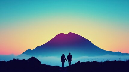 A couple holds hands against a vibrant sunset backdrop, with a silhouette of a mountain creating a peaceful, romantic atmosphere.