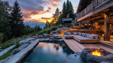 Obraz premium Sunset view of luxury mountain chalet with infinity pool and fire pit.