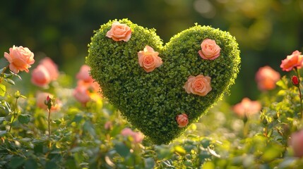 Obraz premium A heart-shaped topiary adorned with roses, surrounded by a lush garden, symbolizing love and nature's beauty.