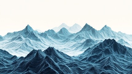 Fototapeta premium A serene landscape of majestic mountains with textured peaks, depicted in calming shades of blue against a light background.