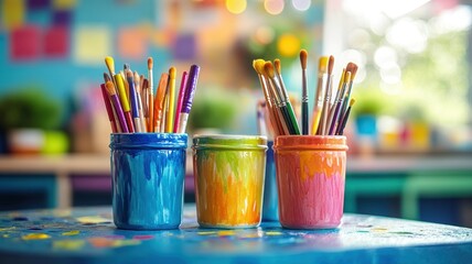 Art therapy session with vibrant materials on a creative table indoor studio colorful environment inspirational view