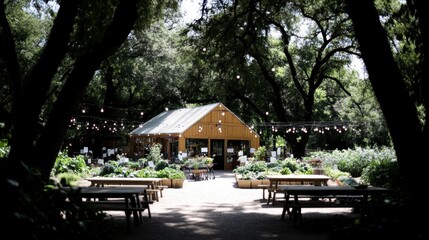 A serene outdoor space featuring a wooden building surrounded by trees and tables, perfect for gatherings and events.