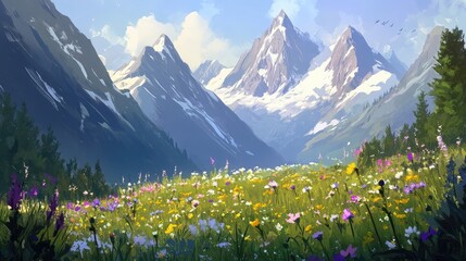 Idyllic alpine meadow with wildflowers and towering mountains