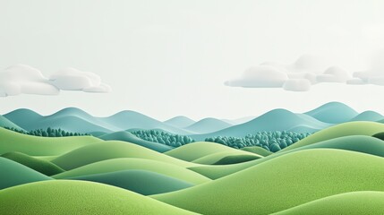 Obraz premium A serene landscape featuring rolling green hills under a pale sky, with distant mountains and soft clouds, creating a tranquil and peaceful atmosphere.