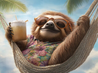 Relaxing sloth in hammock wearing sunglasses and floral shirt, enjoying drink. This charming scene captures laid back vibe under palm trees