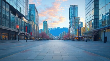 Obraz premium Empty city street at sunrise with modern buildings and mountains in background.