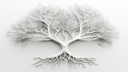 Obraz premium A minimalist, artistic representation of a tree with detailed branches and roots, rendered in white against a light background.