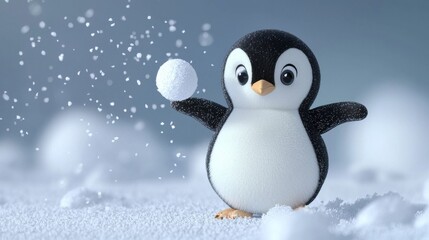 Fototapeta premium A cute penguin happily holds a snowball in a snowy landscape, surrounded by falling snowflakes, evoking a playful winter scene.