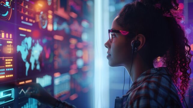 A visually engaging shot of a cloud engineer interacting with a virtual cloud interface, with vibrant metrics and system alerts floating on digital displays - Powered by Adobe