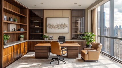 A modern office space with a large desk and two chairs.