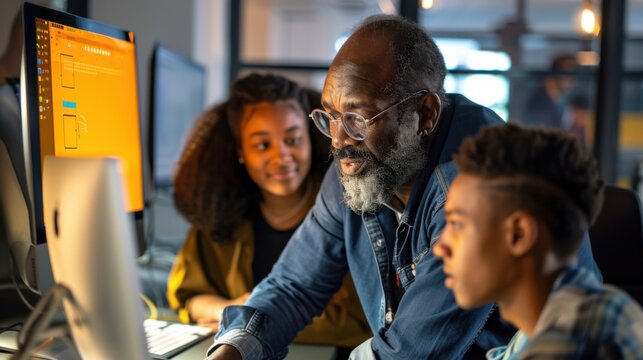 A workplace scene featuring a seasoned manager guiding a young team member on a project, with a friendly and encouraging demeanor in a well-lit office