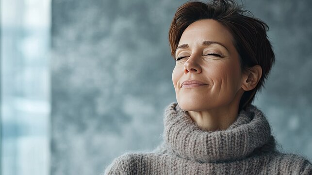 Peaceful Serenity: A woman with short, brown hair wearing a soft, knitted sweater closes her eyes and breathes deeply, radiating tranquility and inner peace.