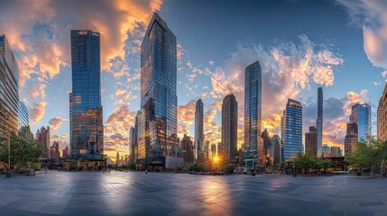 Fototapeta premium Dramatic sunset cityscape panorama with modern skyscrapers and plaza.