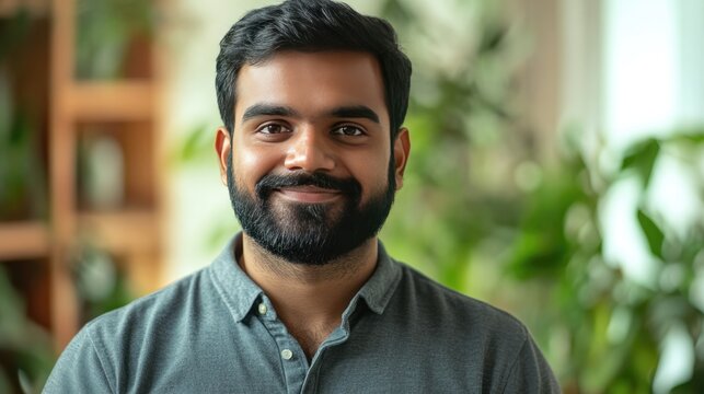 Smiling Man Portrait: A friendly, approachable man with a beard smiles warmly at the camera.  The image conveys confidence and approachability. Perfect for websites, blogs, and social media. 