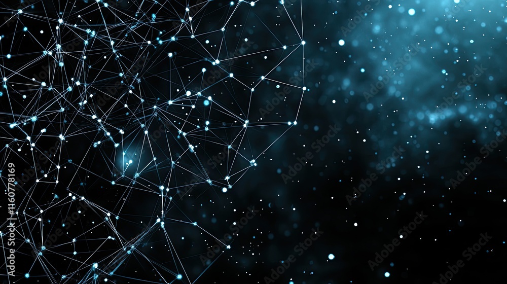 Poster abstract blue background with glowing lines and dots illustrates a complex network design for tech p